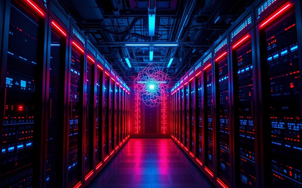 Futuristic AI data center with neural network visualization