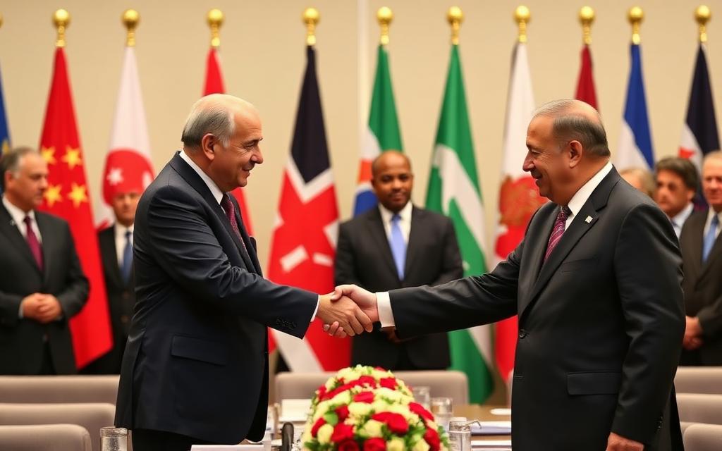 World leaders shaking hands at diplomatic summit