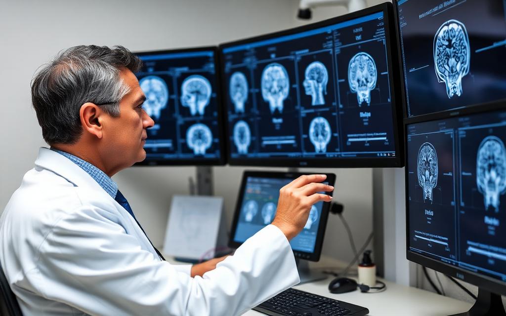 Doctor analyzing brain MRI scans on multiple monitors