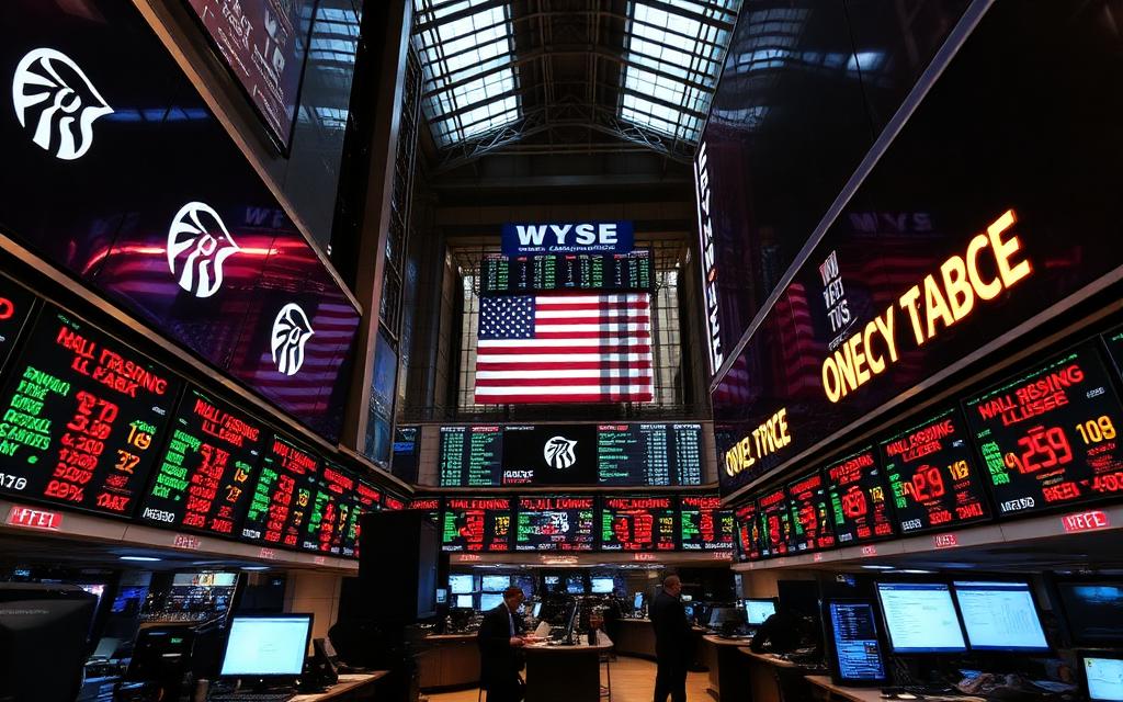 Wall Street trading floor with ticker boards