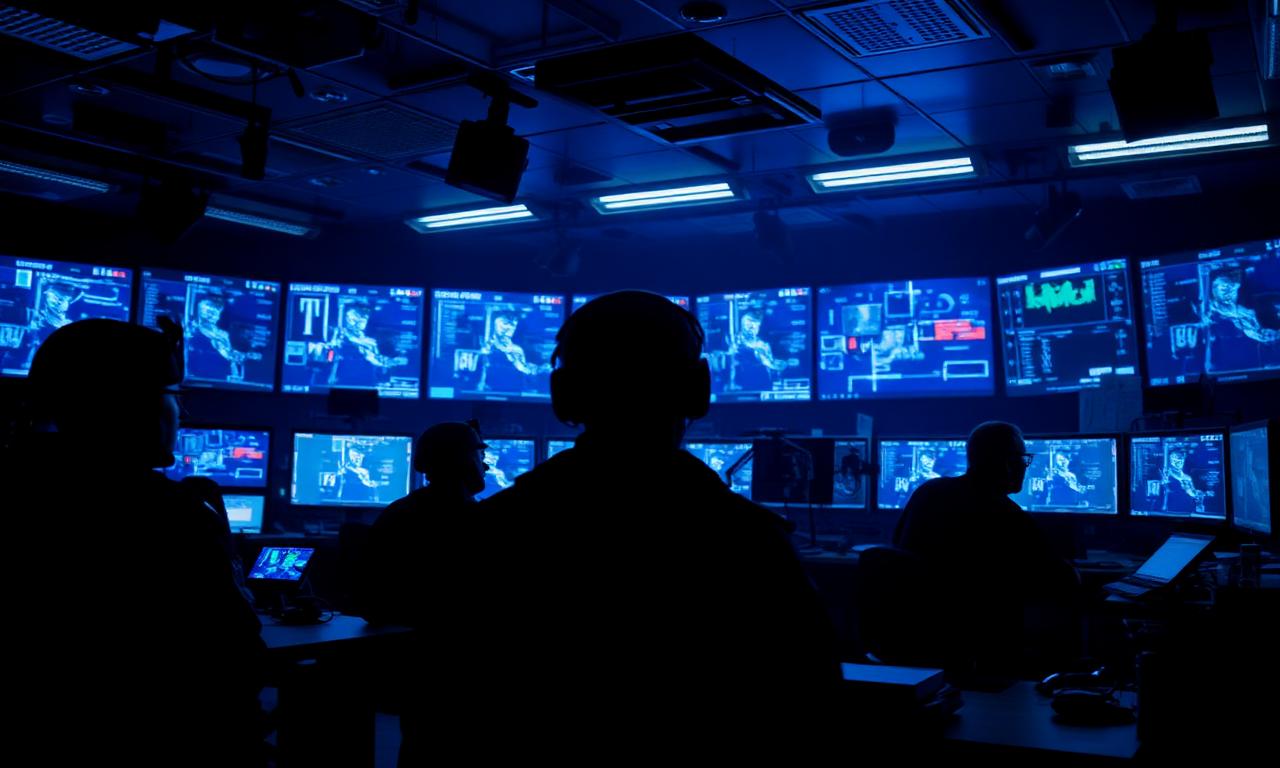 Military command center with tactical displays at night