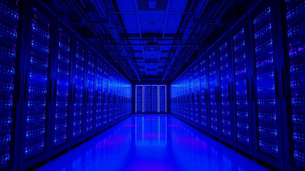 Hyperscale AI data center corridor lit in deep blue with rows of glowing server racks