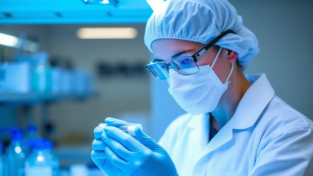 CDC laboratory scientist in full PPE examining H5N2 avian influenza samples under blue clinical lighting