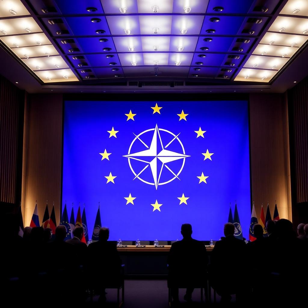 European leaders silhouetted in front of an illuminated EU and NATO flag at a Brussels summit