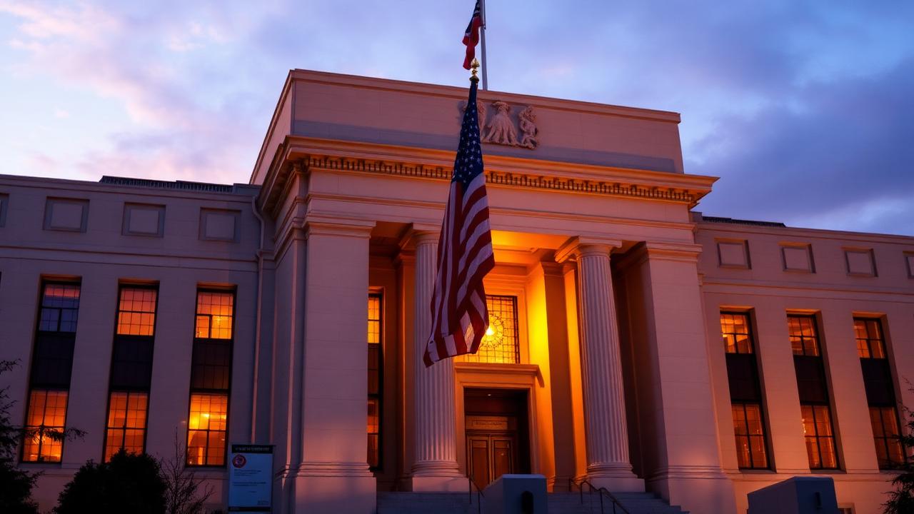 Federal Reserve building facade at dusk with American flag illuminated, signaling emergency US monetary policy action