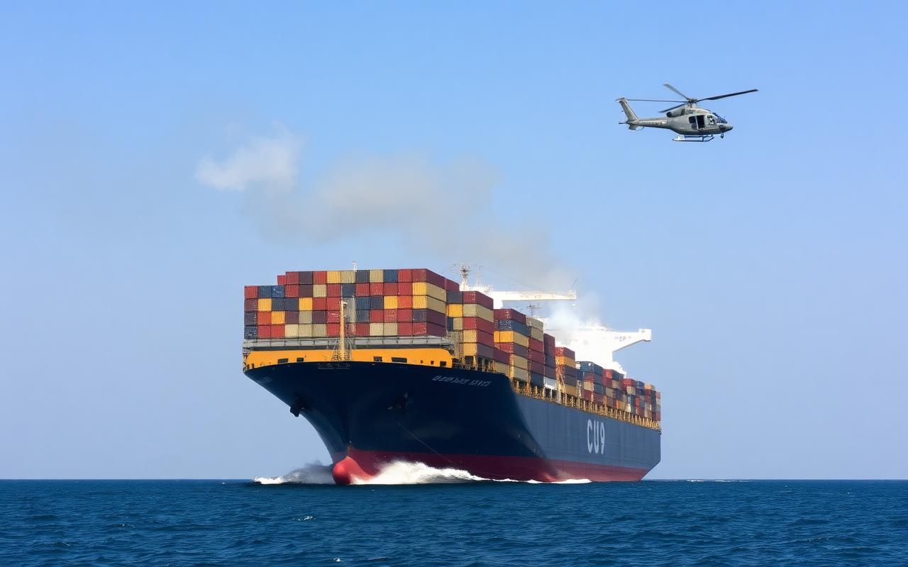 Damaged HMM container ship in the Strait of Hormuz with naval helicopter overhead