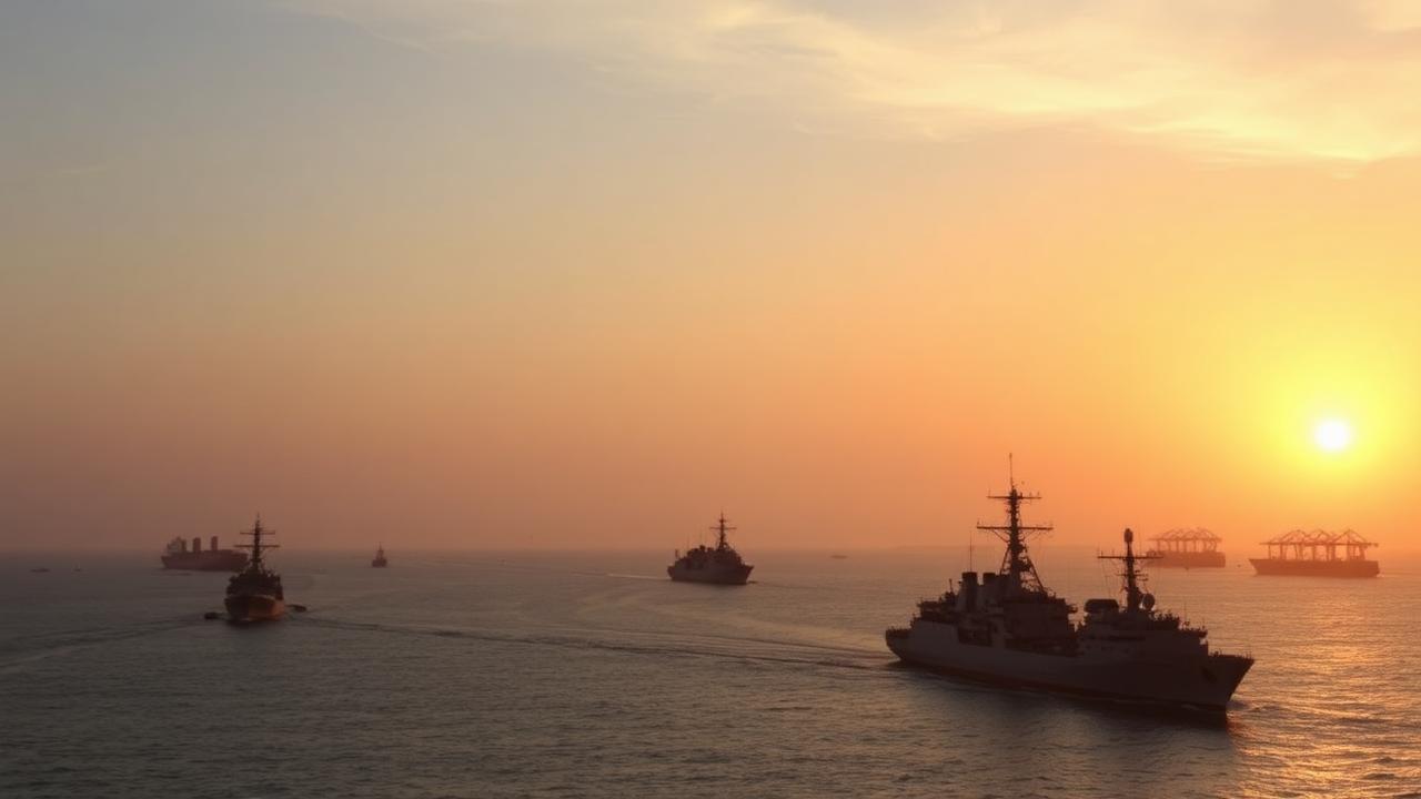 Naval vessels and tankers anchored in the Strait of Hormuz at sunset