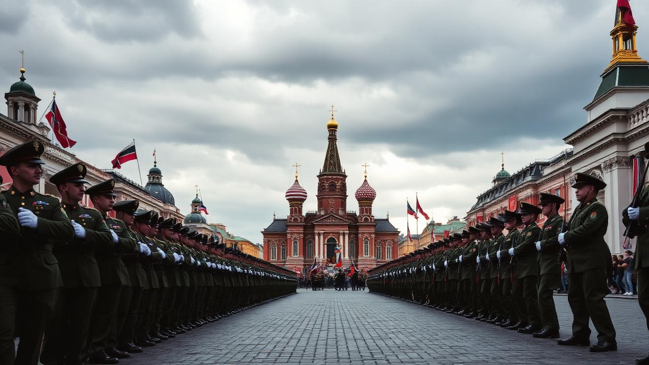 Russian soldiers lined up on Red Square during the Victory Day parade