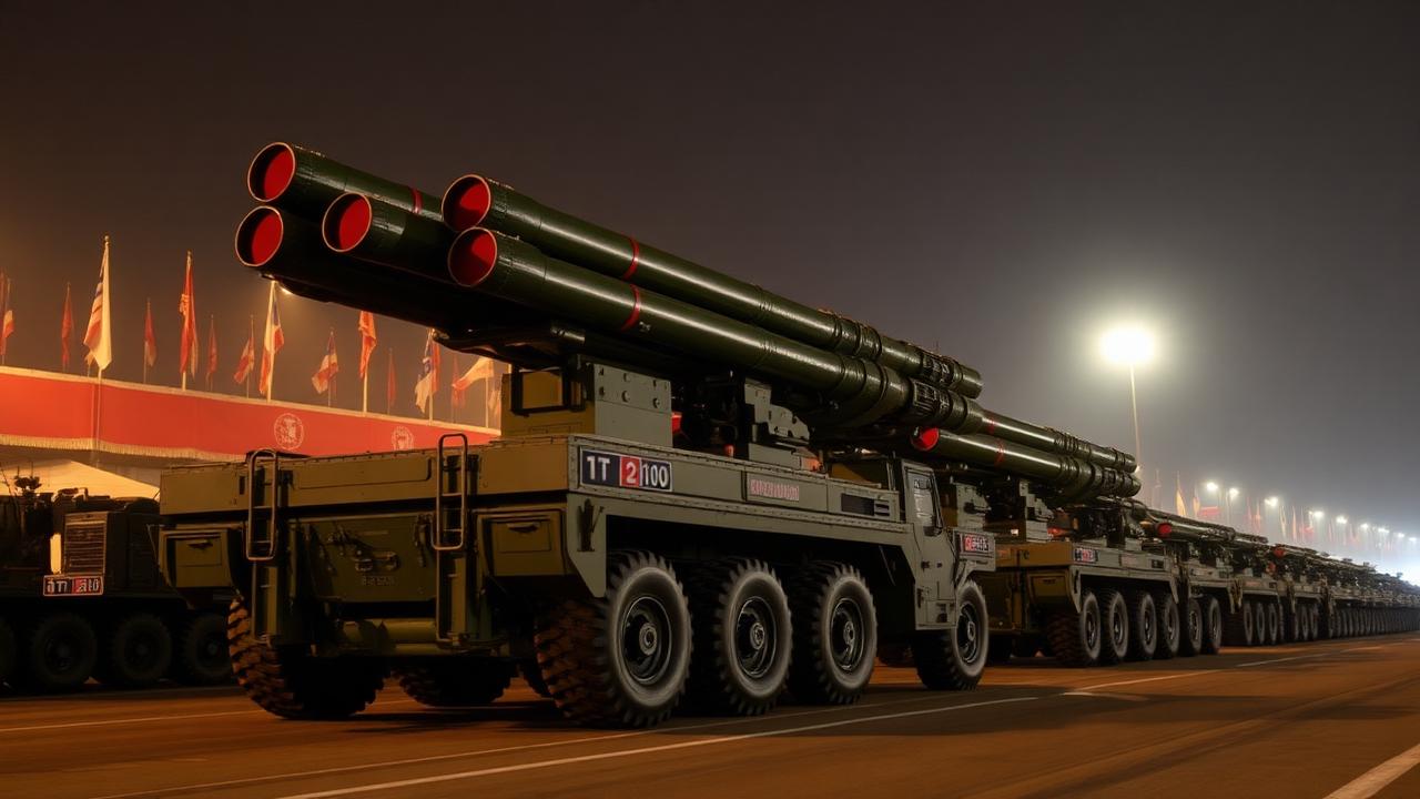 North Korean long-range artillery system on parade at night
