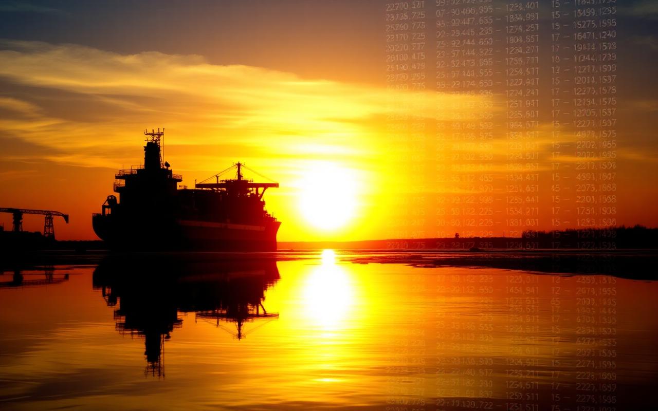 Oil tanker silhouetted at sunrise against a wall of market price tickers