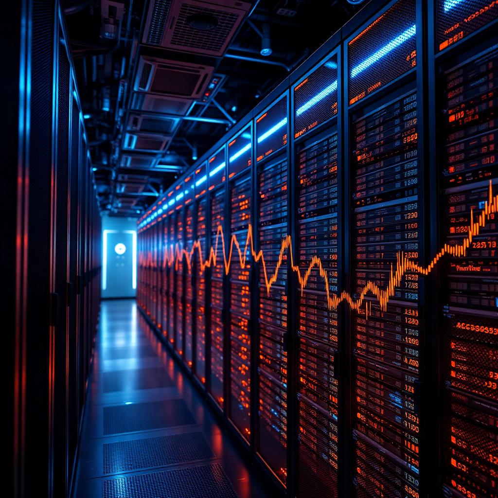 Glowing AI inference server racks with overlaid stock chart in a dark data center