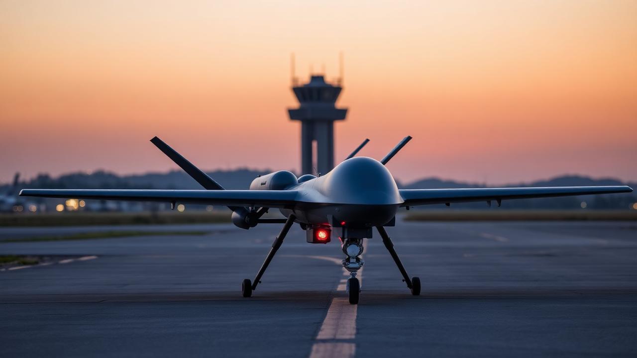 US Air Force autonomous combat drone on tarmac at dusk with control tower silhouette in the background