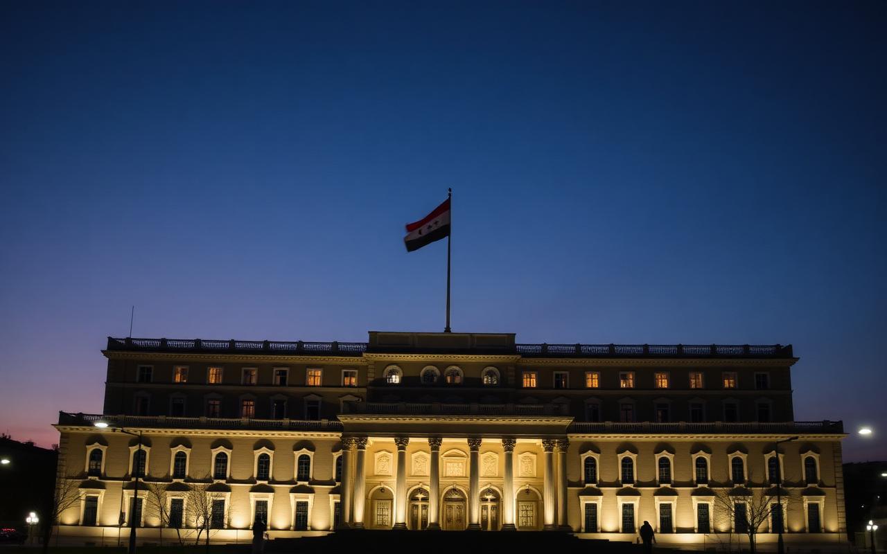 Syrian presidential palace illuminated at dusk with the national flag