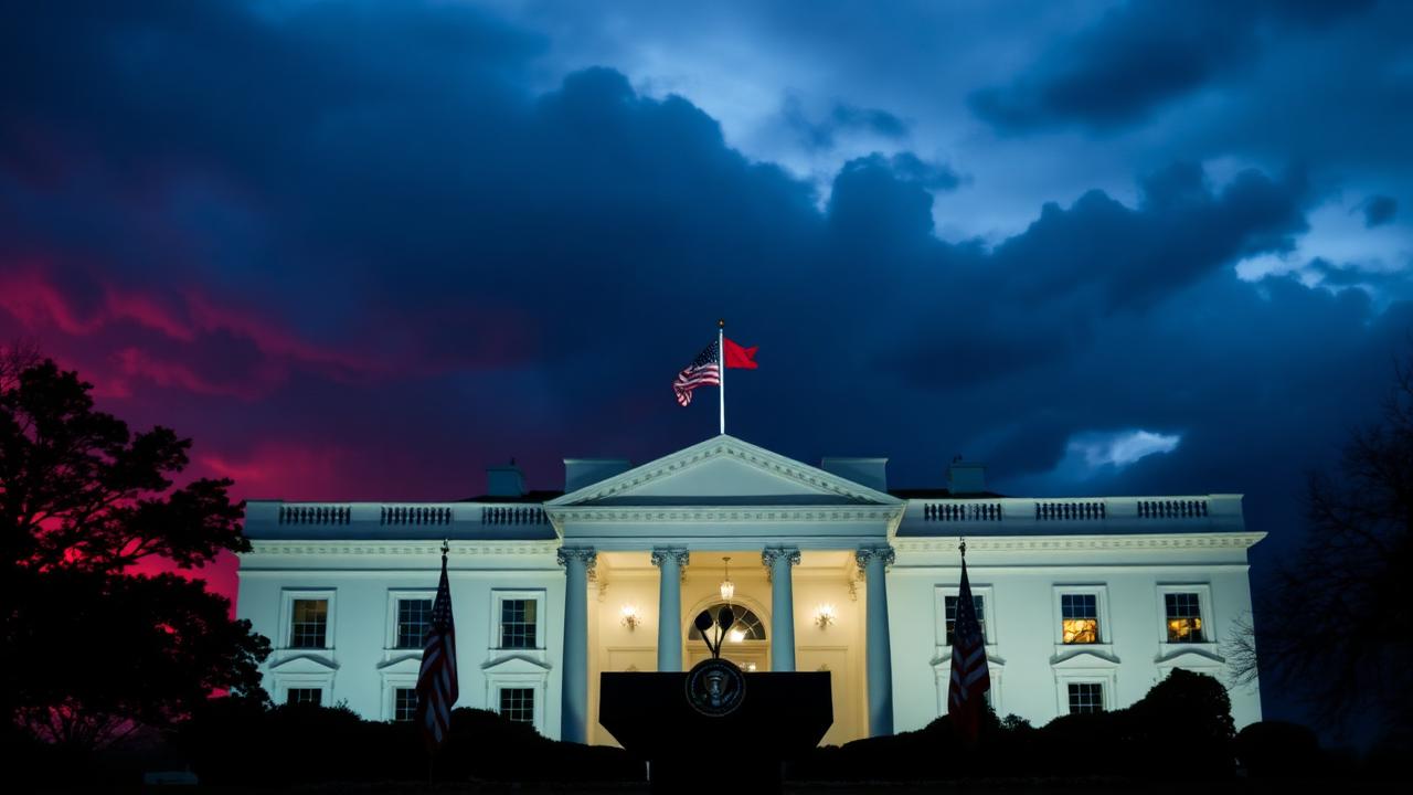 White House illuminated at dusk under stormy red and blue sky as US-Iran tensions escalate